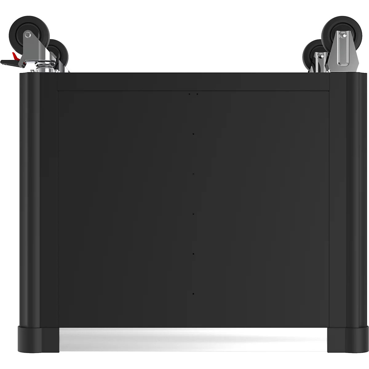 Dunkelgraues Rechteck, mit Rollen an den oberen Ecken. Der Blickwinkel ist leicht von oben.