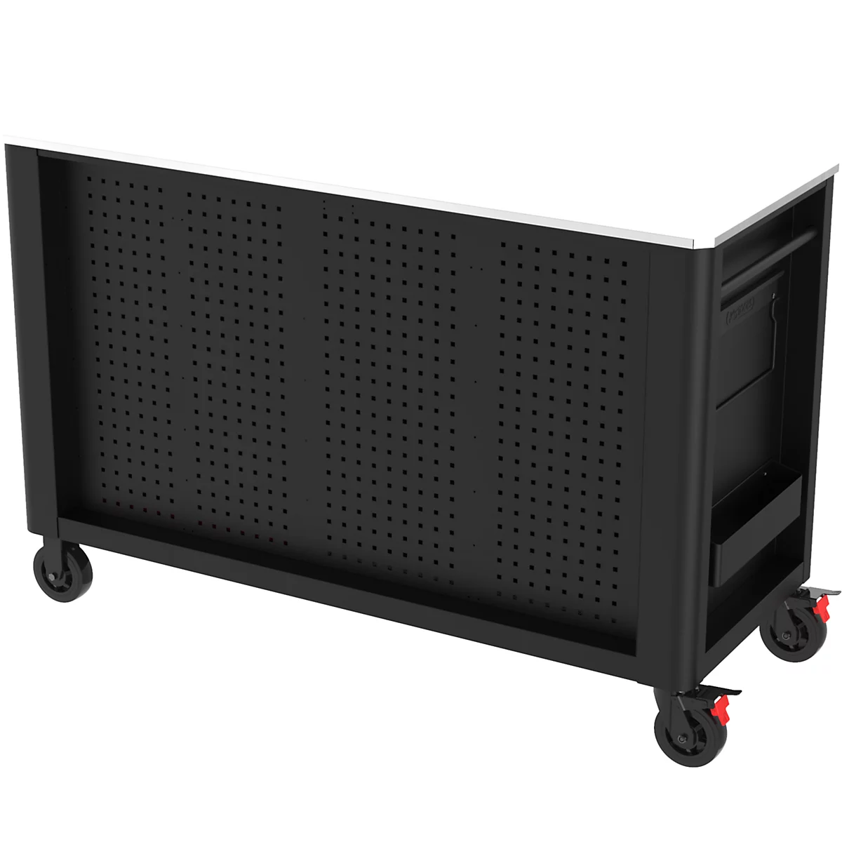 Schwarzer Werkstattwagen mit Lochwänden und weißen Tischplatten, auf Rollen. Schubladen und Ablagefach.