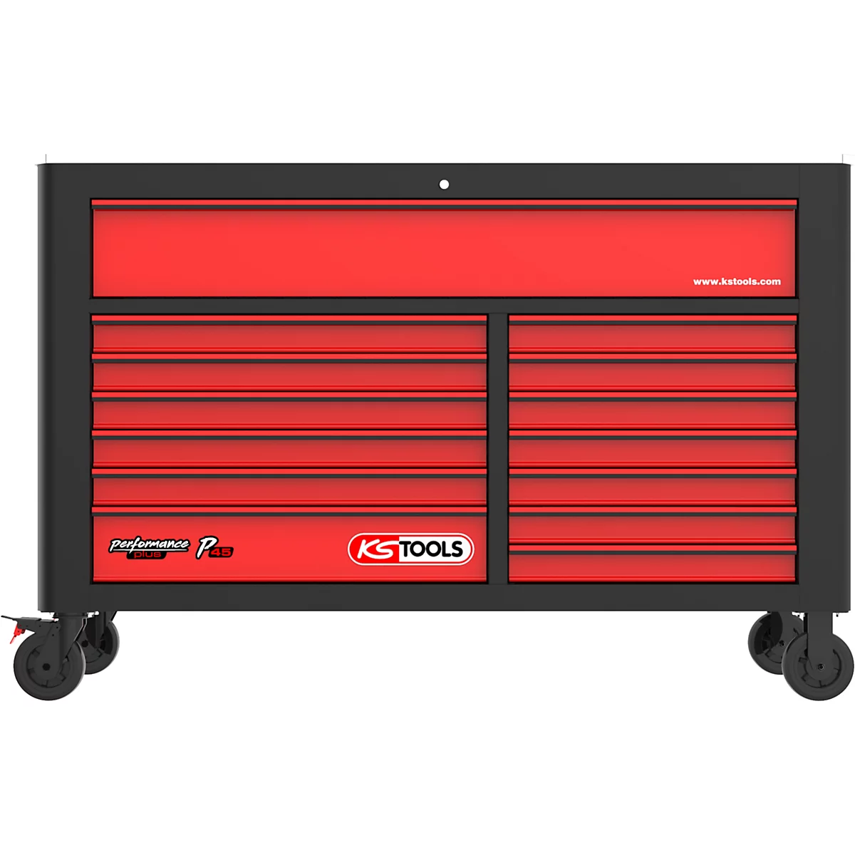 Schwarzer Werkzeugwagen mit roten Schubladen und KS TOOLS Logo. Auf Rädern.