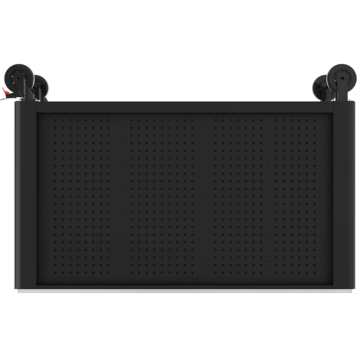 Schwarze Schiebetür mit Rädern an der Oberseite, perforiert mit kleinen Löchern.