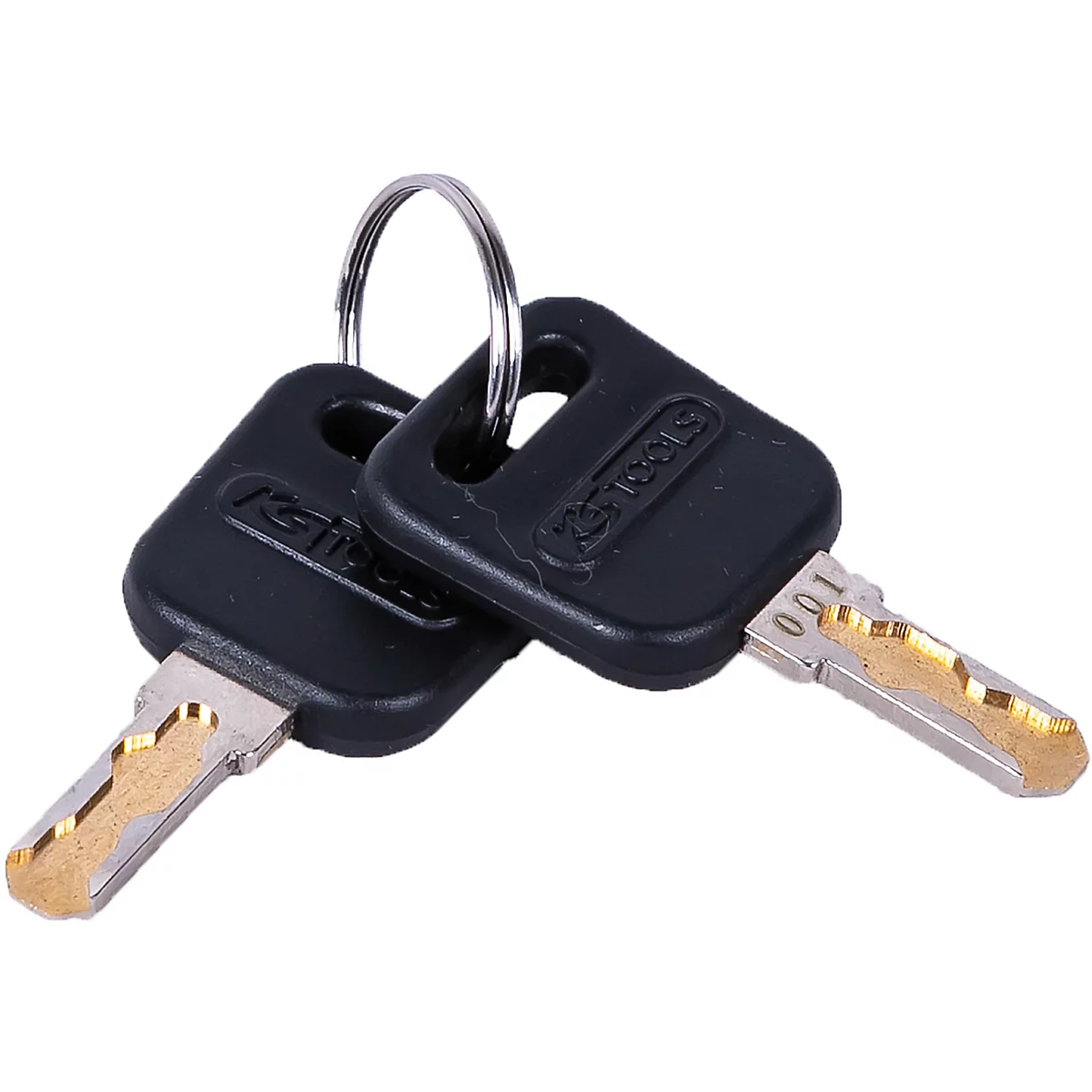 Zwei schwarze Schlüssel mit Schlüsselring. Die Schlüssel sind mit „KS TOOLS“ beschriftet. Ein Schlüssel hat die Nummer „001“.