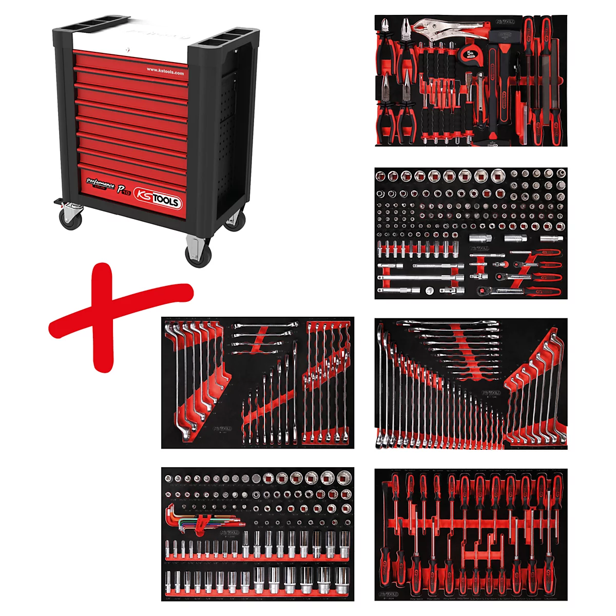 Werkzeugwagen mit roter Schublade und rotem Kreuz.