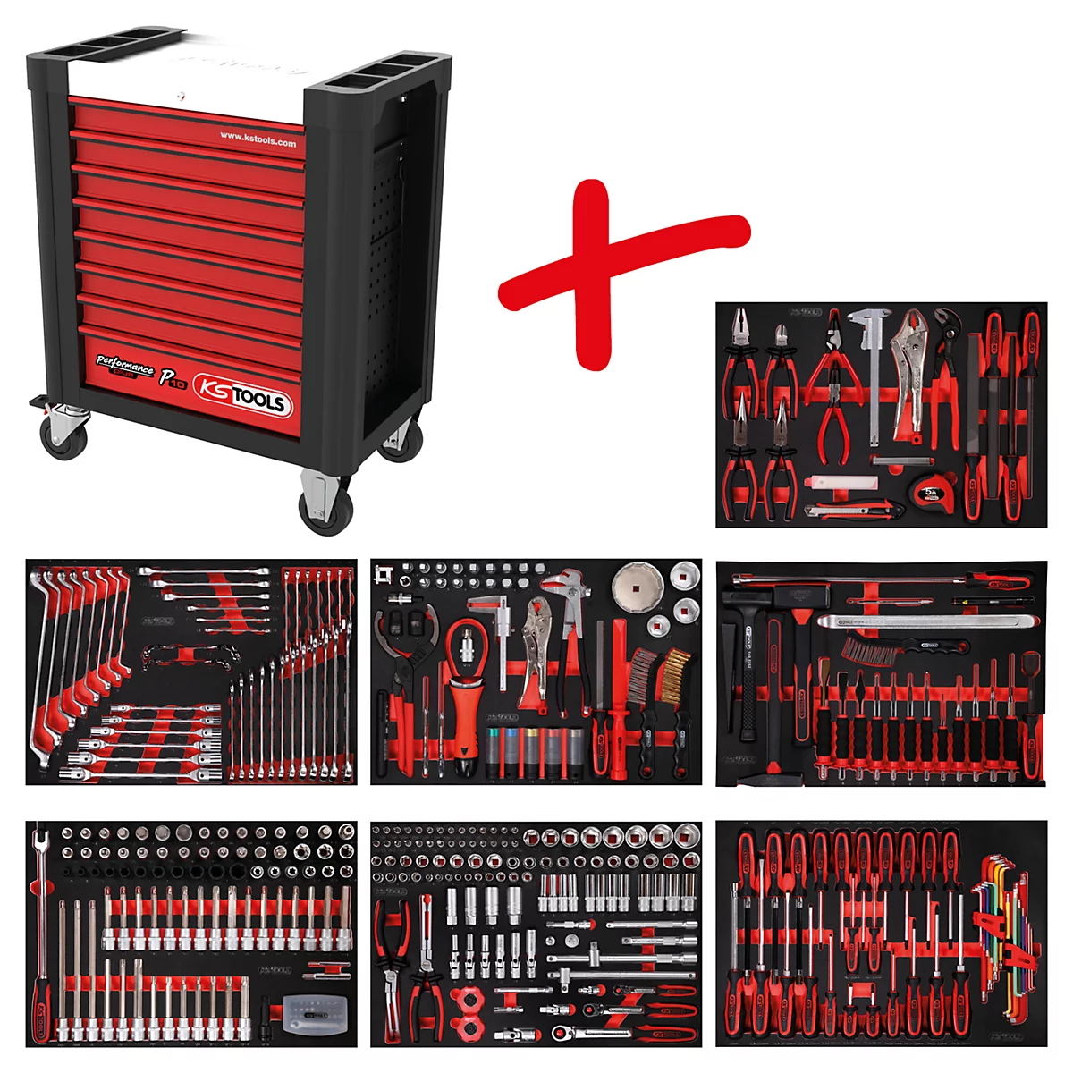 Werkzeugwagen mit Schubladen und Werkzeugsets. Rot-schwarzes Design. Der Werkzeugwagen ist mit dem KS TOOLS-Logo versehen.