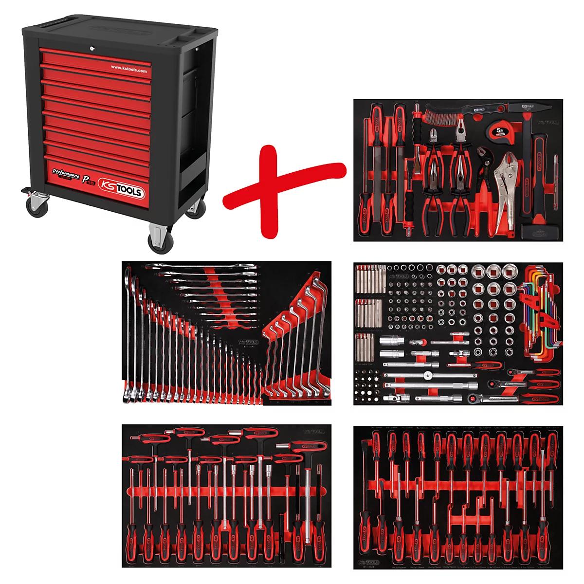 Werkzeugschrank mit Werkzeug-Sets, rotes Kreuz symbolisiert die Kombination der Produkte.