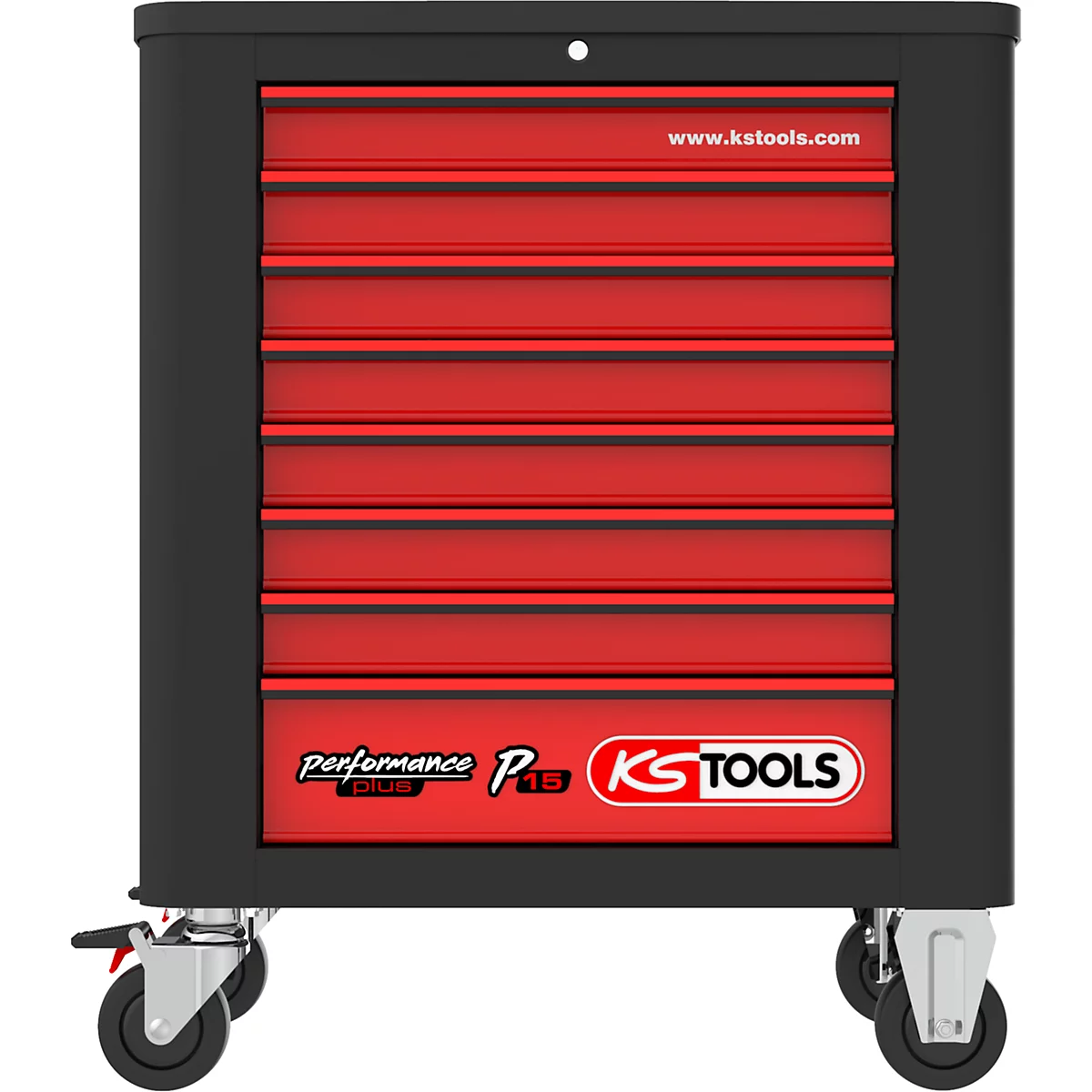 Schwarzer Werkzeugschrank mit roter Front, Rollen und Logos von KStools und Performance Plus.