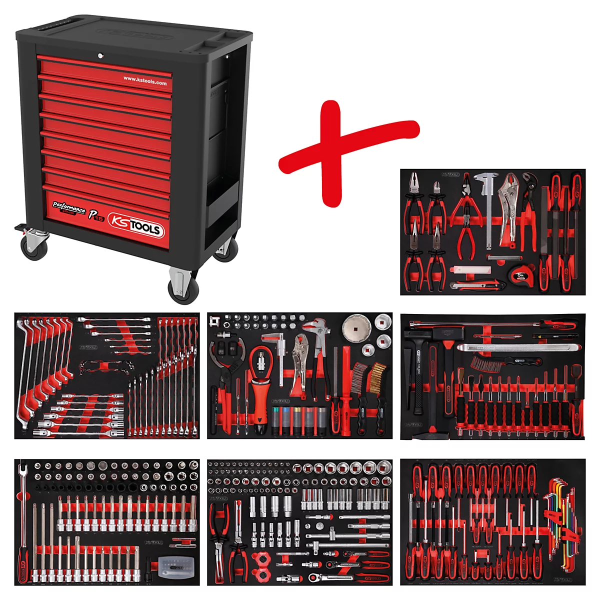 Schwarzer Werkzeugwagen mit roter Schubladenfront. Werkzeuge in roten und schwarzen Einsätzen. Rotes Kreuz als Indikator.