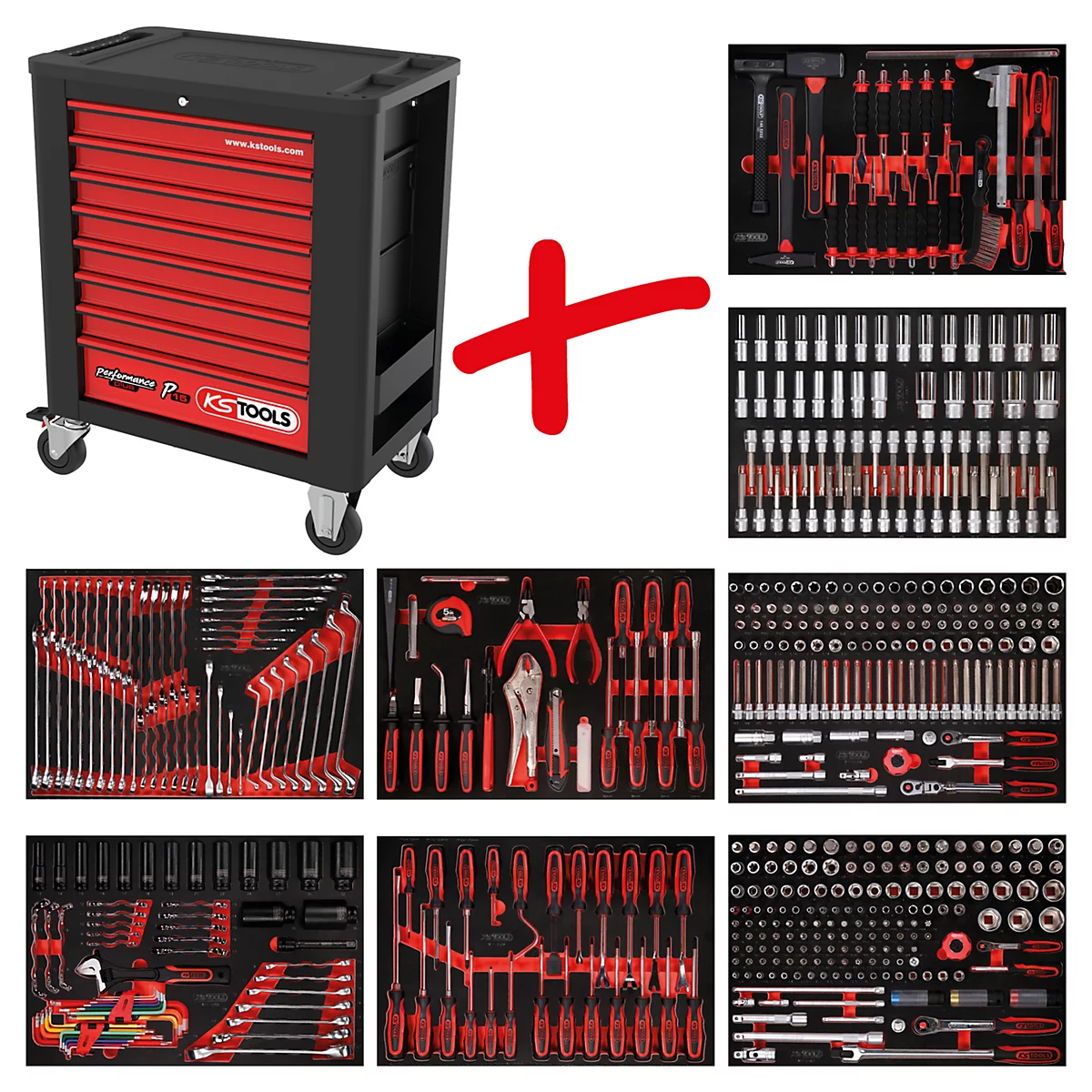Schwarzer Werkzeugwagen mit roten Schubladen und Werkzeugsets. Rotes Pluszeichen deutet auf die enthaltenen Werkzeuge hin.