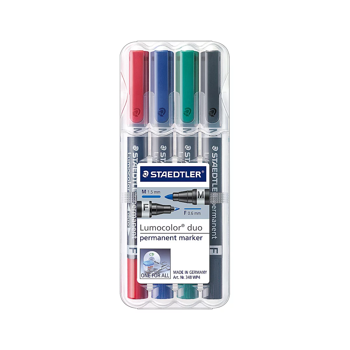 Transparently packaged, multi-colored permanent markers from Staedtler. Red, blue, green and gray pens, lettering "Lumocolor duo".
