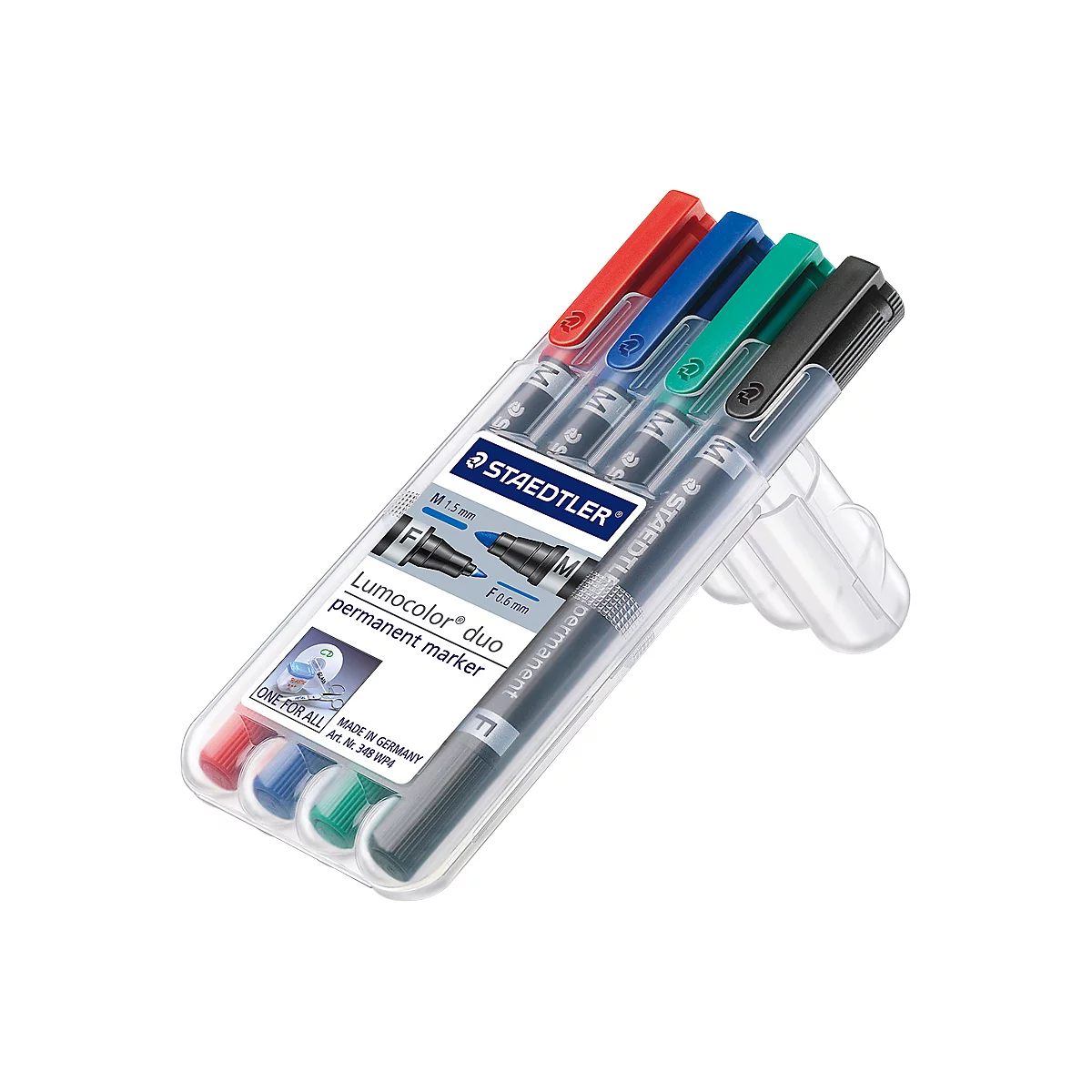 A set of four pens in a clear plastic case. The pens have different colors and the STAEDTLER brand.