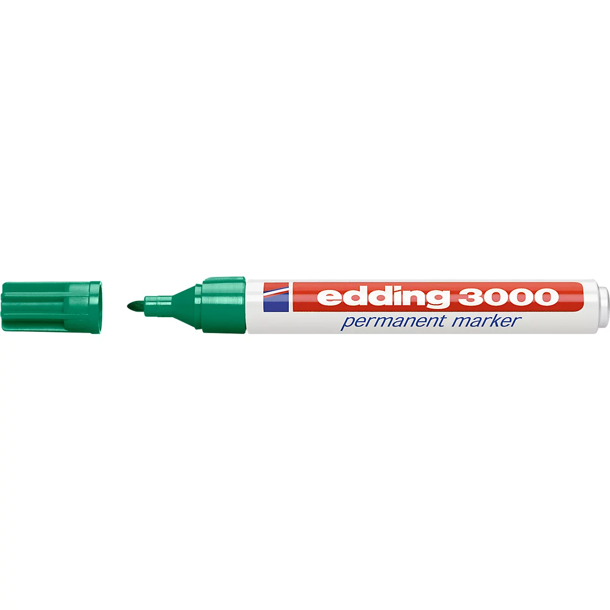 A green Edding felt-tip pen with an open cap, with the text: edding 3000 permanent marker.