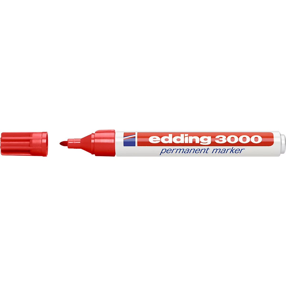 Red Edding 3000 permanent marker with the cap next to it. The pen is labeled 'edding 3000 permanent marker'.