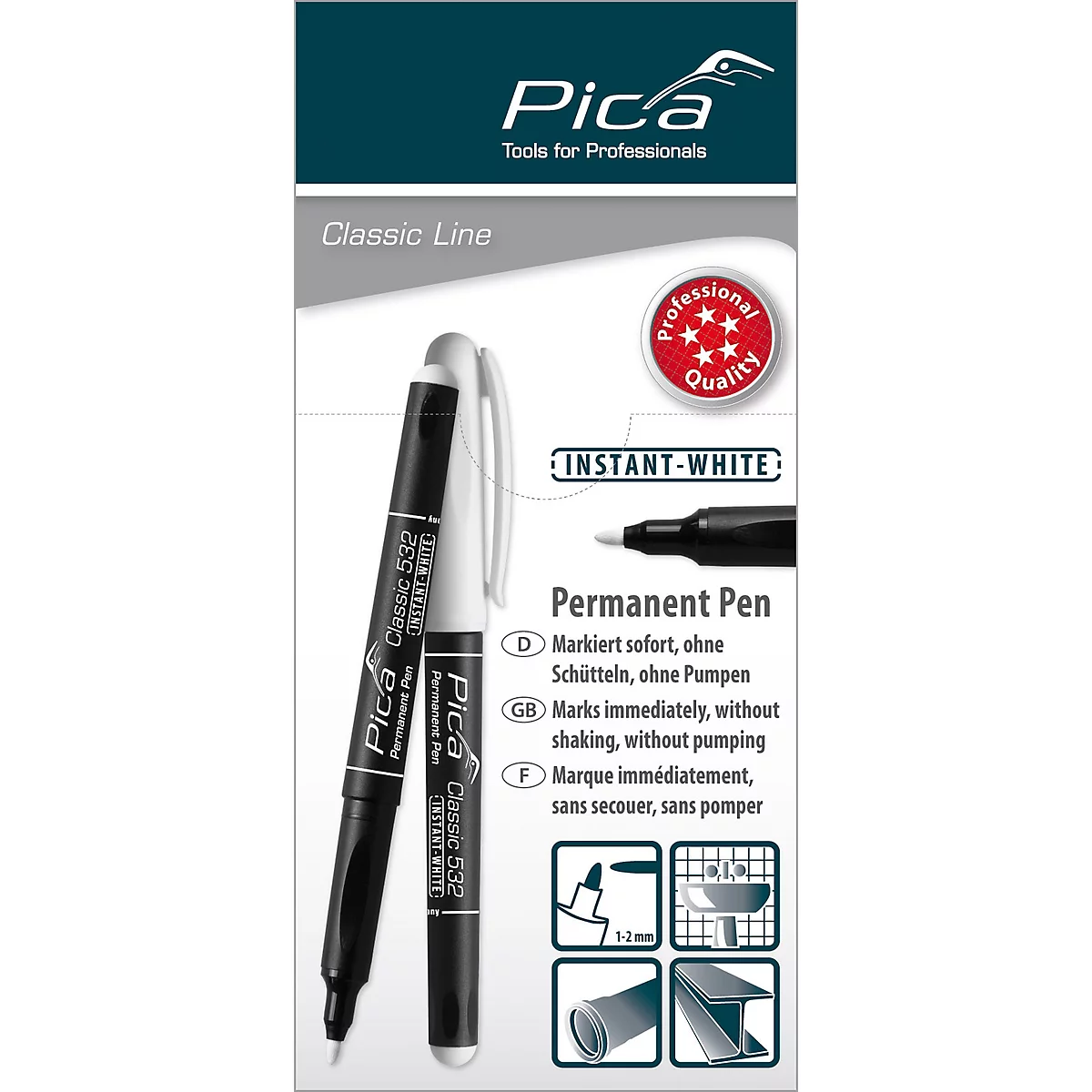 Permanent marker Pica Classic 532, wit, ronde punt 1-2 mm, watervast, geurvrij, 10 stuks