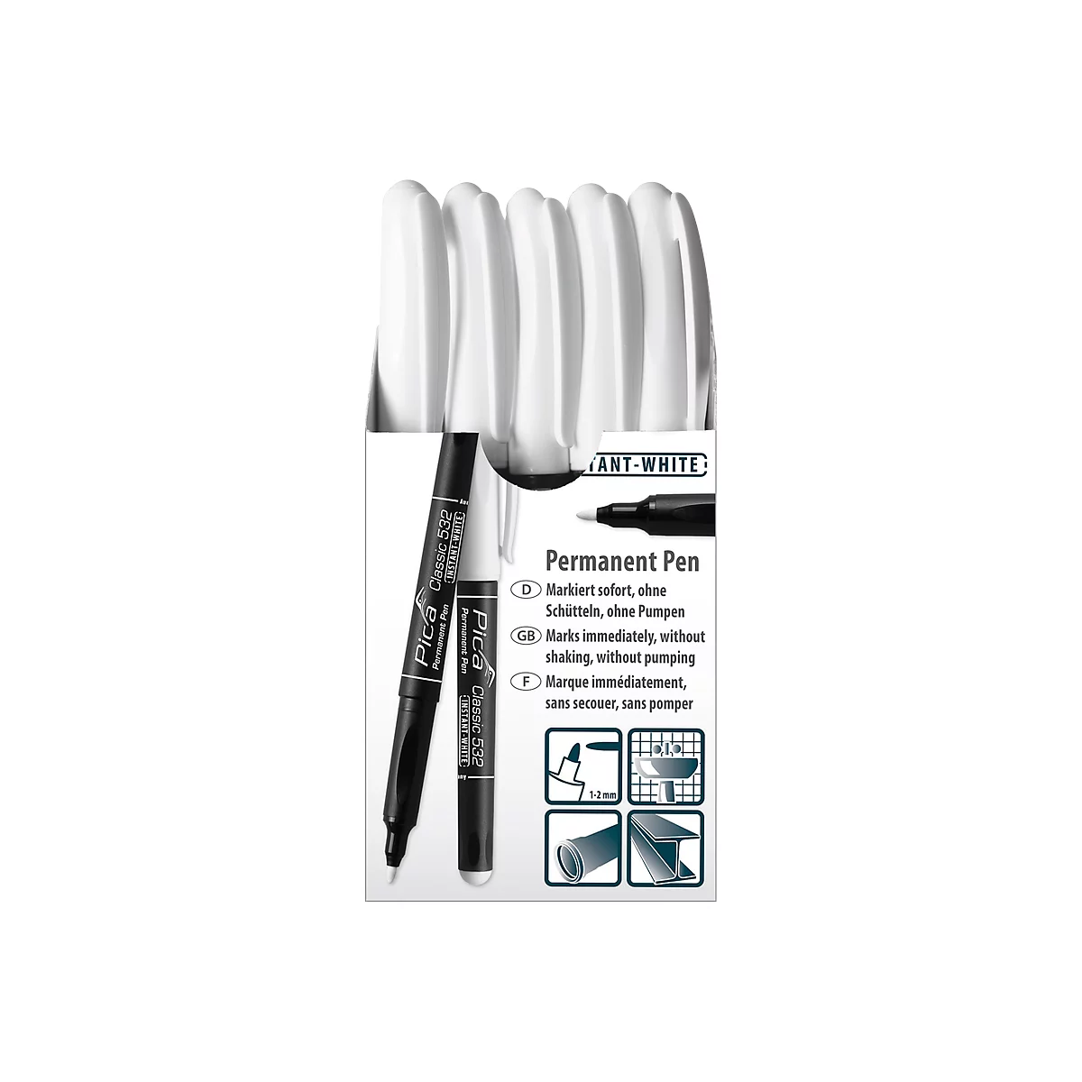 Permanent marker Pica Classic 532, wit, ronde punt 1-2 mm, watervast, geurvrij, 10 stuks
