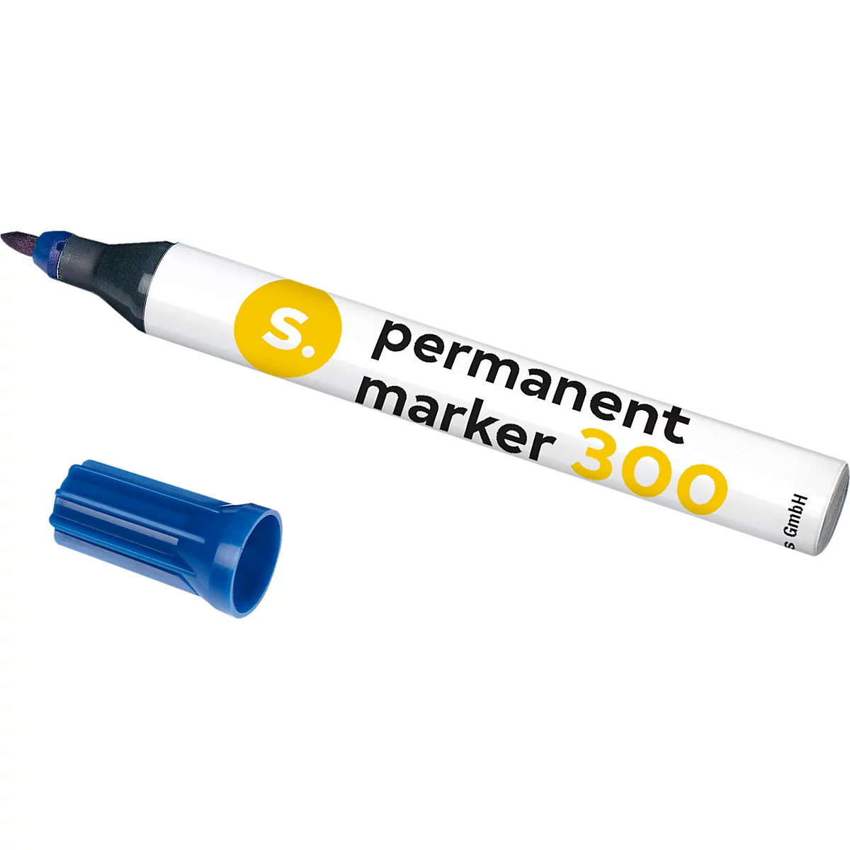 A white permanent marker with a blue cap lies next to it. The marker is labeled with: Permanent marker 300.