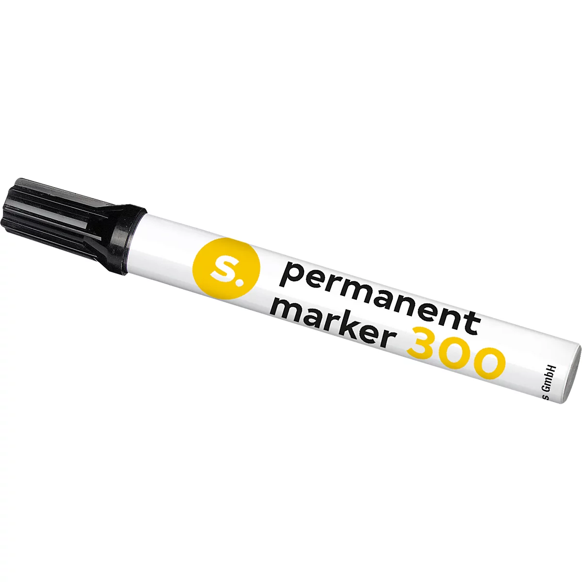 White permanent marker with black tip and yellow logo.
