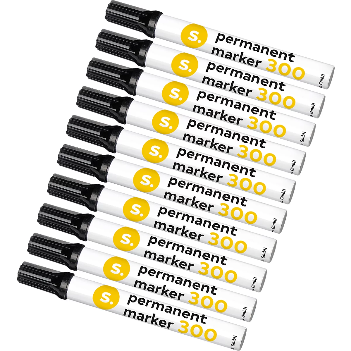 Close-up of ten black permanent markers with yellow accents, partially overlaid on a white background. The label "permanent marker 300" is visible.