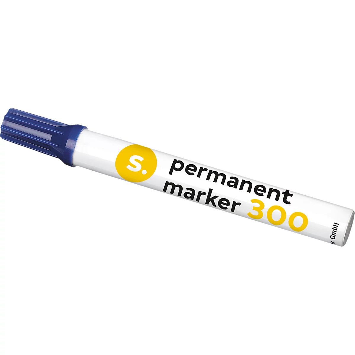 A white permanent marker with a blue lid lies at an angle. Inscription: permanent marker 300.