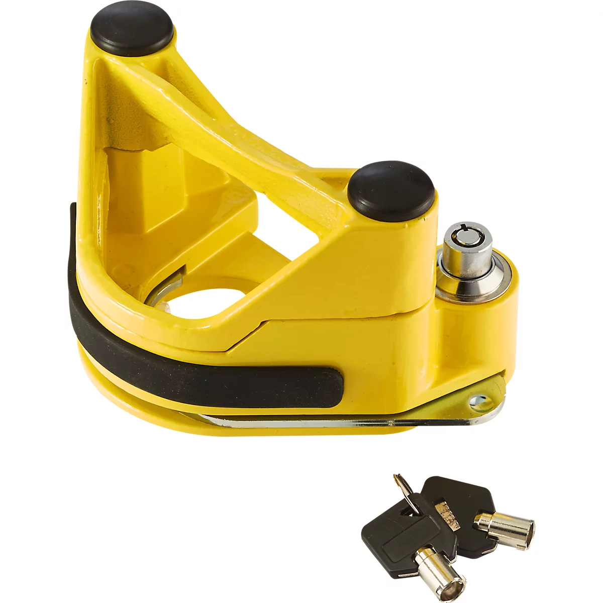 Yellow disc brake lock with black details, keys lying next to it.
