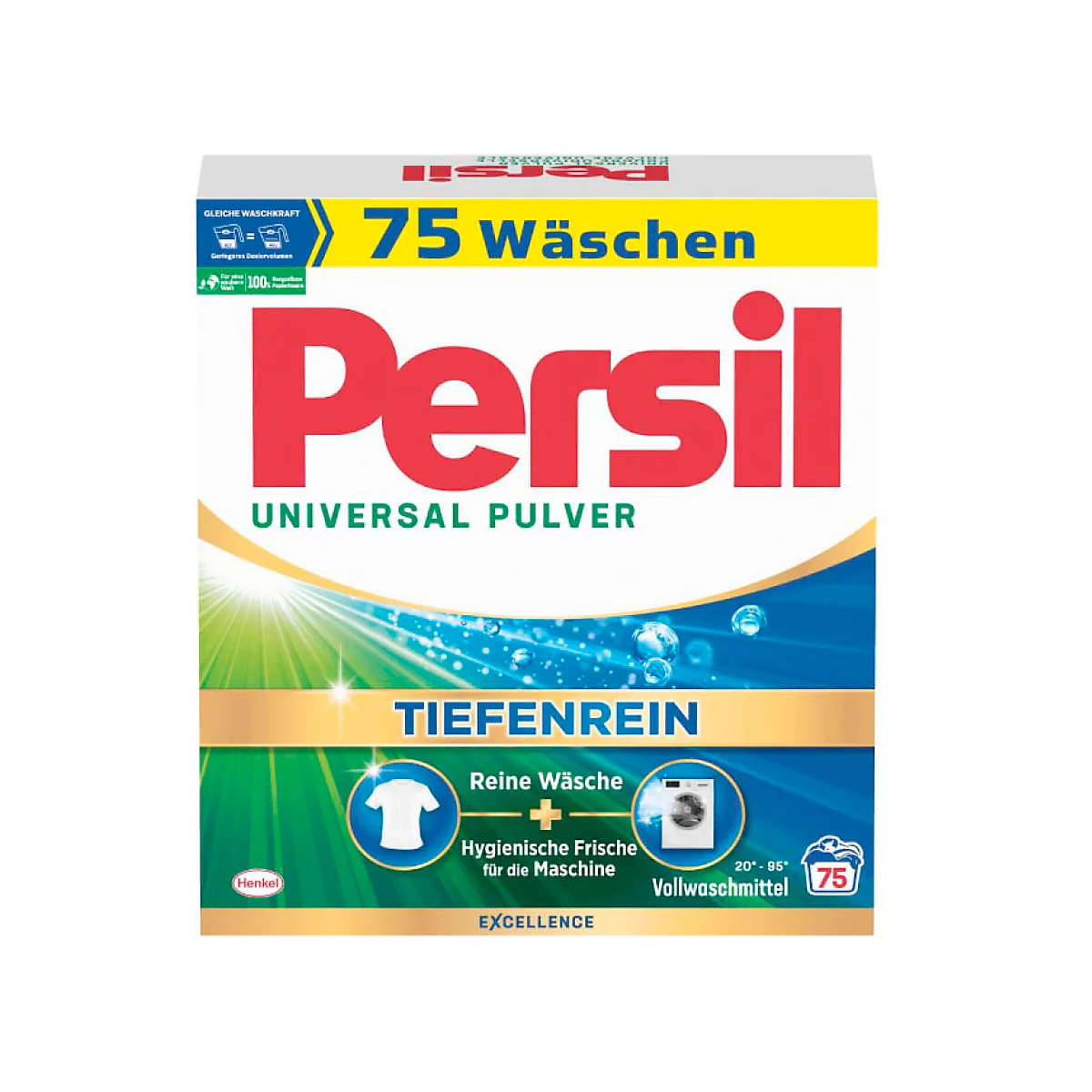 Persil Waschpulver-Packung mit der Aufschrift '75 Wäschen' und 'Tiefenrein'.