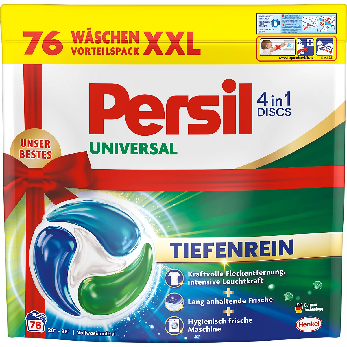 Persil Universal 4in1 Discs Vorteilspack mit 76 Waschladungen und Tiefenrein-Formel in grüner Verpackung.