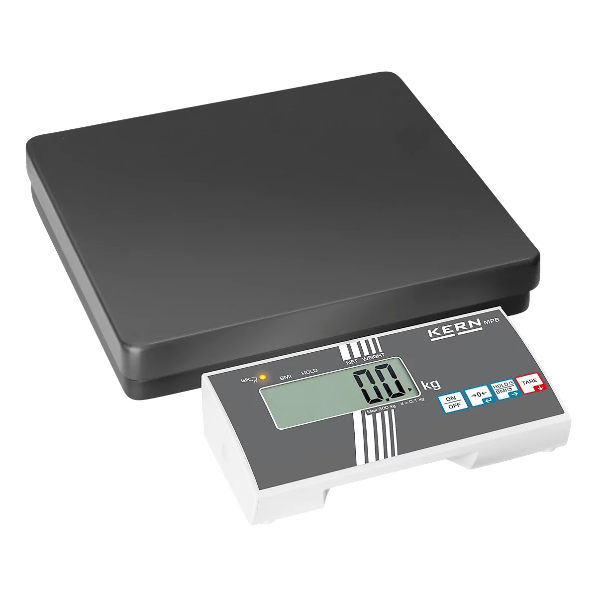 Personenwaage KERN MPB 300K100, bis 300 kg, BMI- und Hold-Funktion, Batterie- oder Netzbetrieb, Stahl, ohne Stativ, weiß/schwarz, inkl. Arbeitsschutzhaube