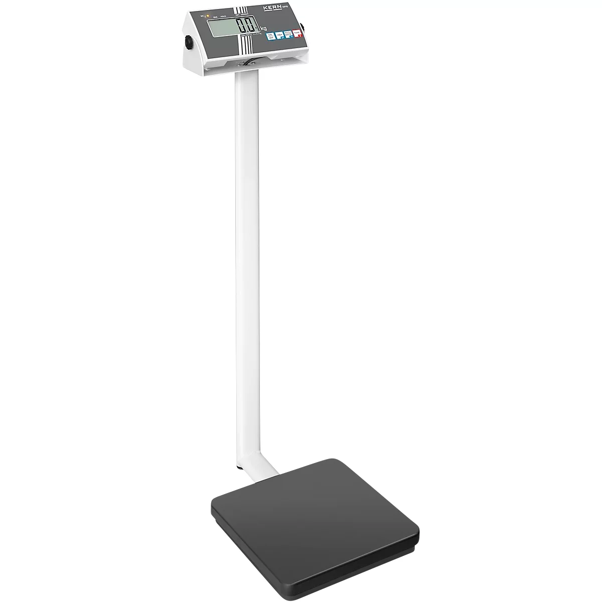 Personenweegschaal KERN MPB 300K100, tot 300 kg, BMI en hold-functie, batterij- of netvoeding, staal, met statief, wit/zwart, incl. beschermhoes