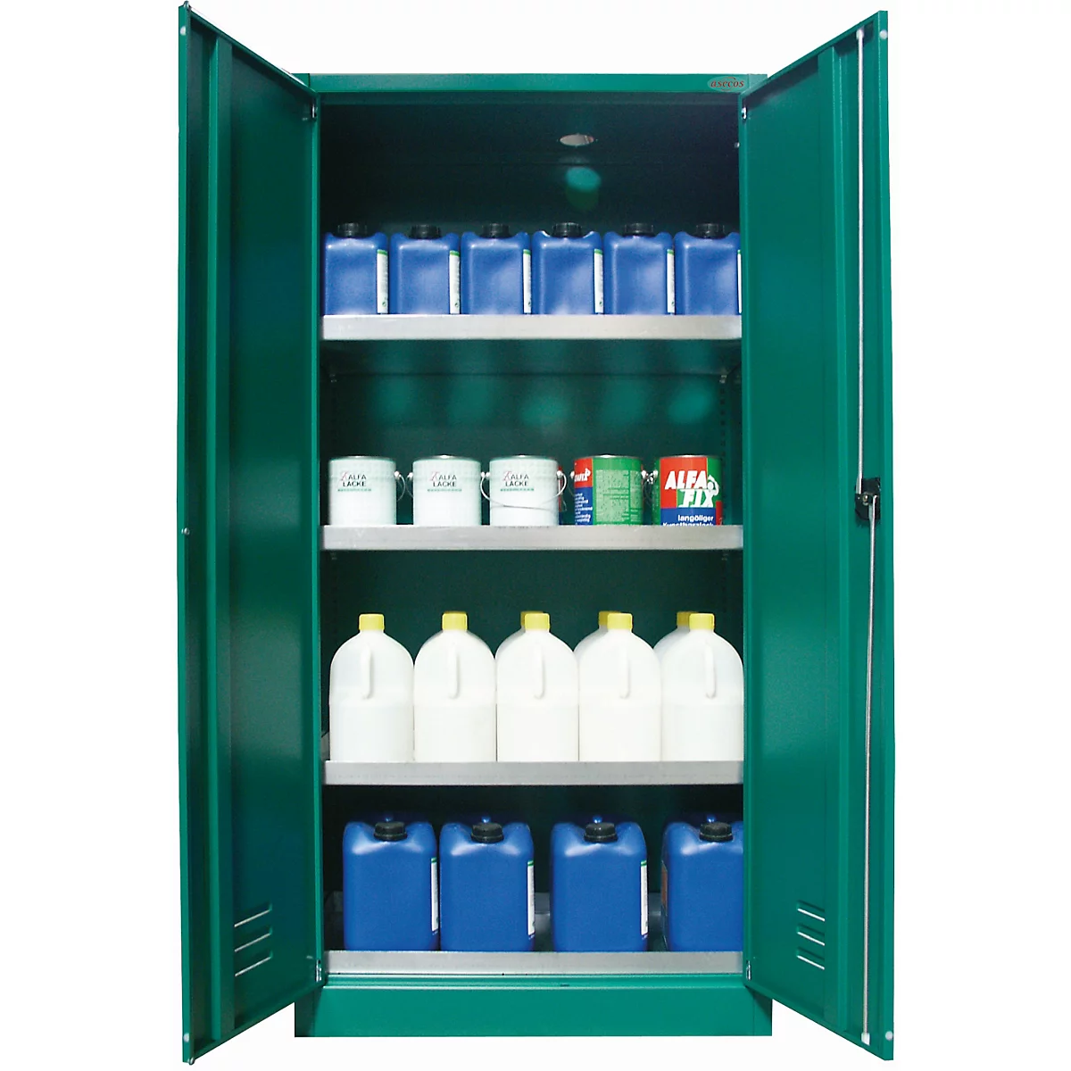 Green cabinet, open, with shelves full of containers of various sizes and colors.