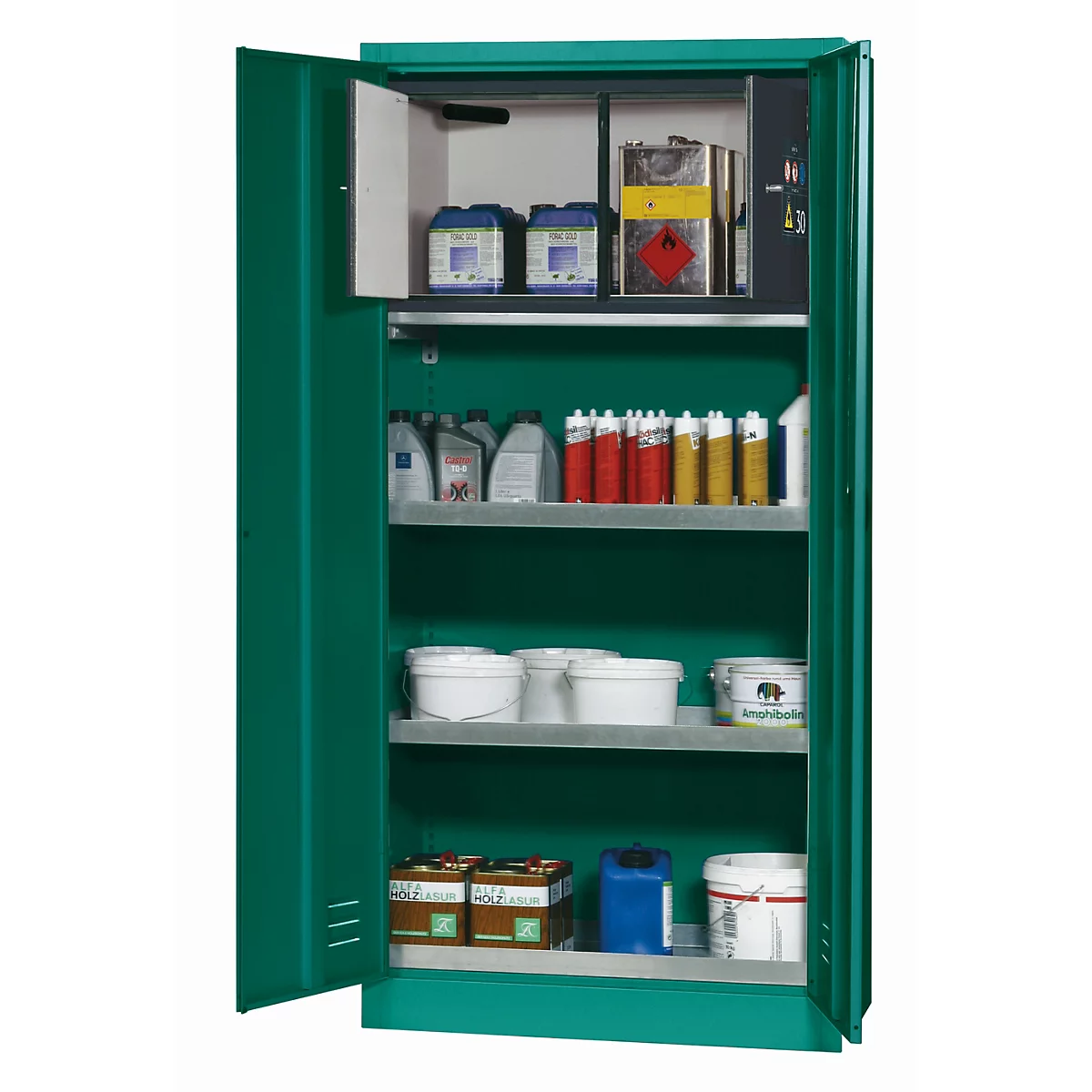 Open green safety cabinet with products for storage. Inside the cabinet shelves with canisters, buckets and bottles.