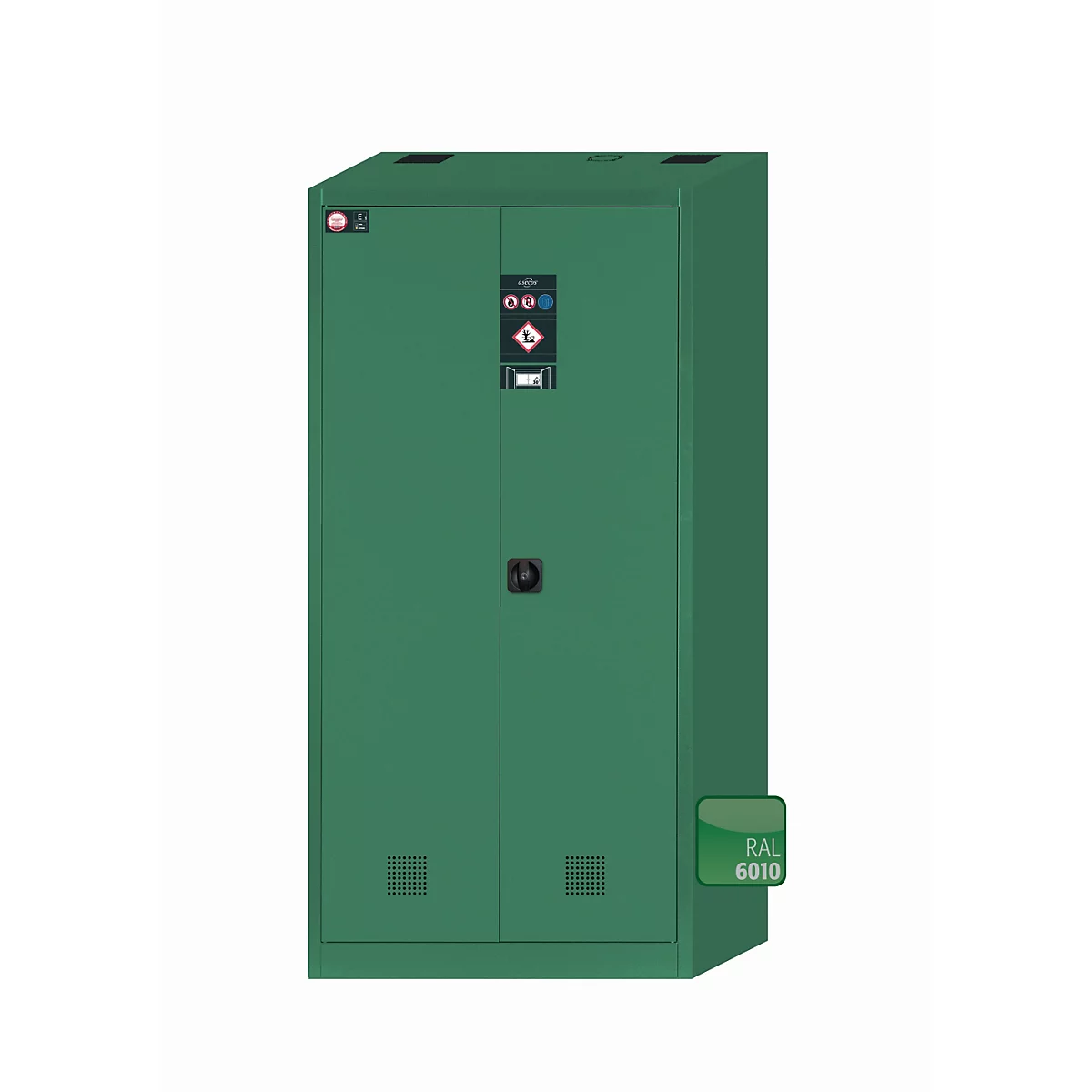 Green steel cabinet with double doors and warning symbols. A color field RAL 6010 is shown on the side.