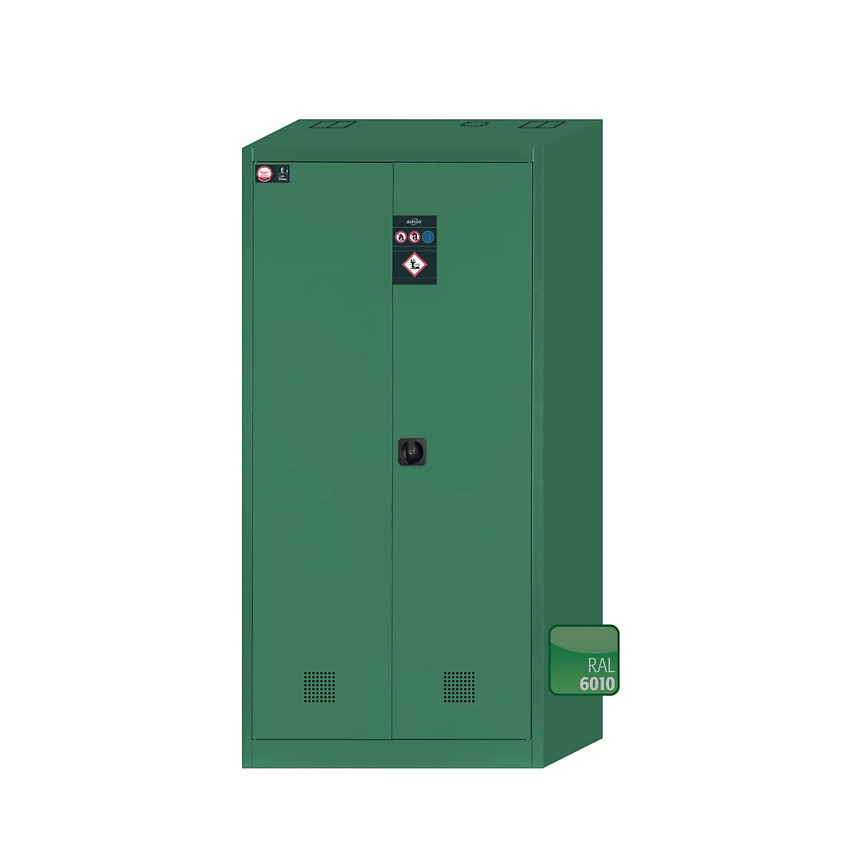 Green safety cabinet with doors, fittings, and ventilation slots. Color reference: RAL 6010.