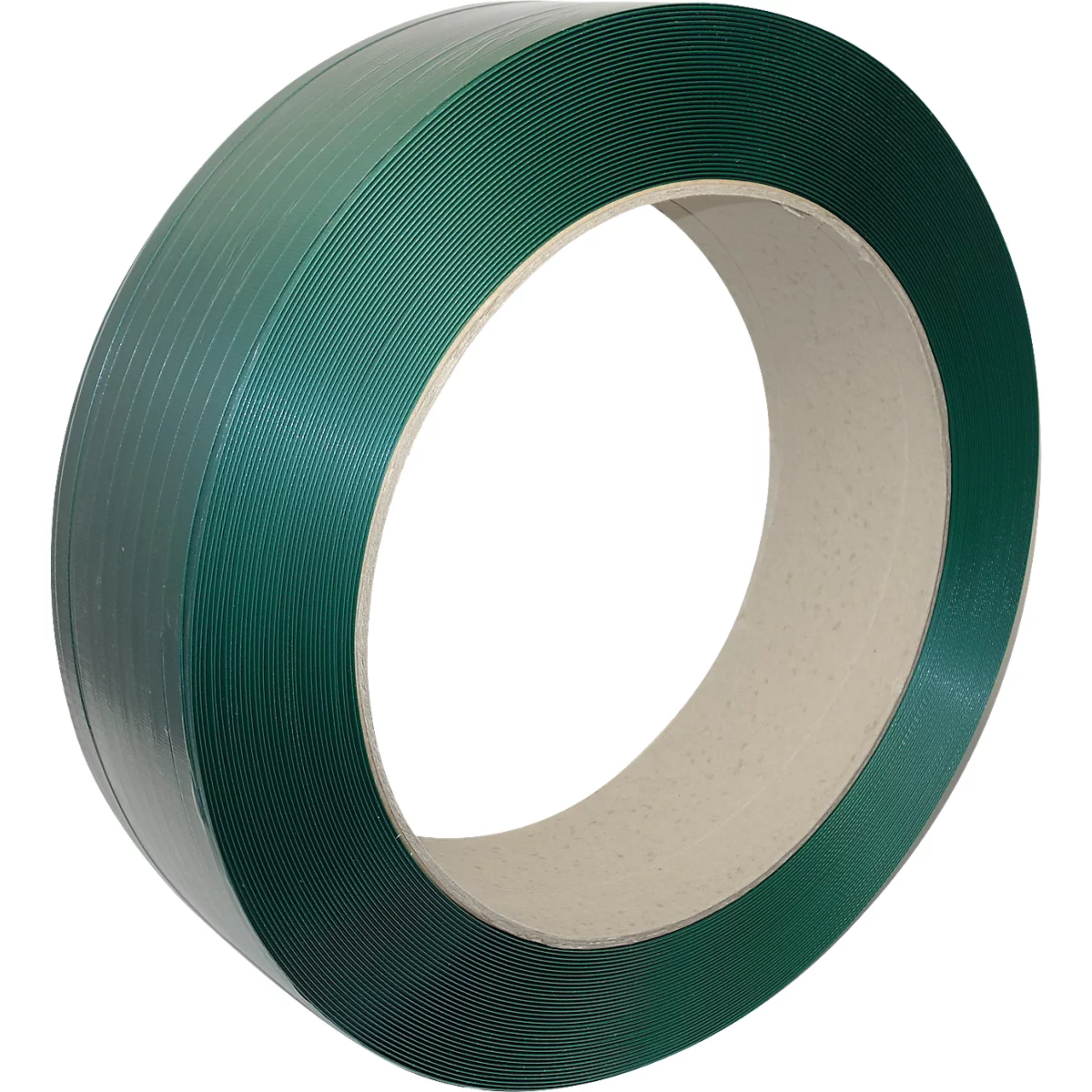 PET KU ruban en polyester, L 1200 m x l 15,5 mm, épaisseur 0,9 mm, Ø mandrin 406 mm, jusqu'à 555 kg, 100 % matériau recyclé, vert, gaufré