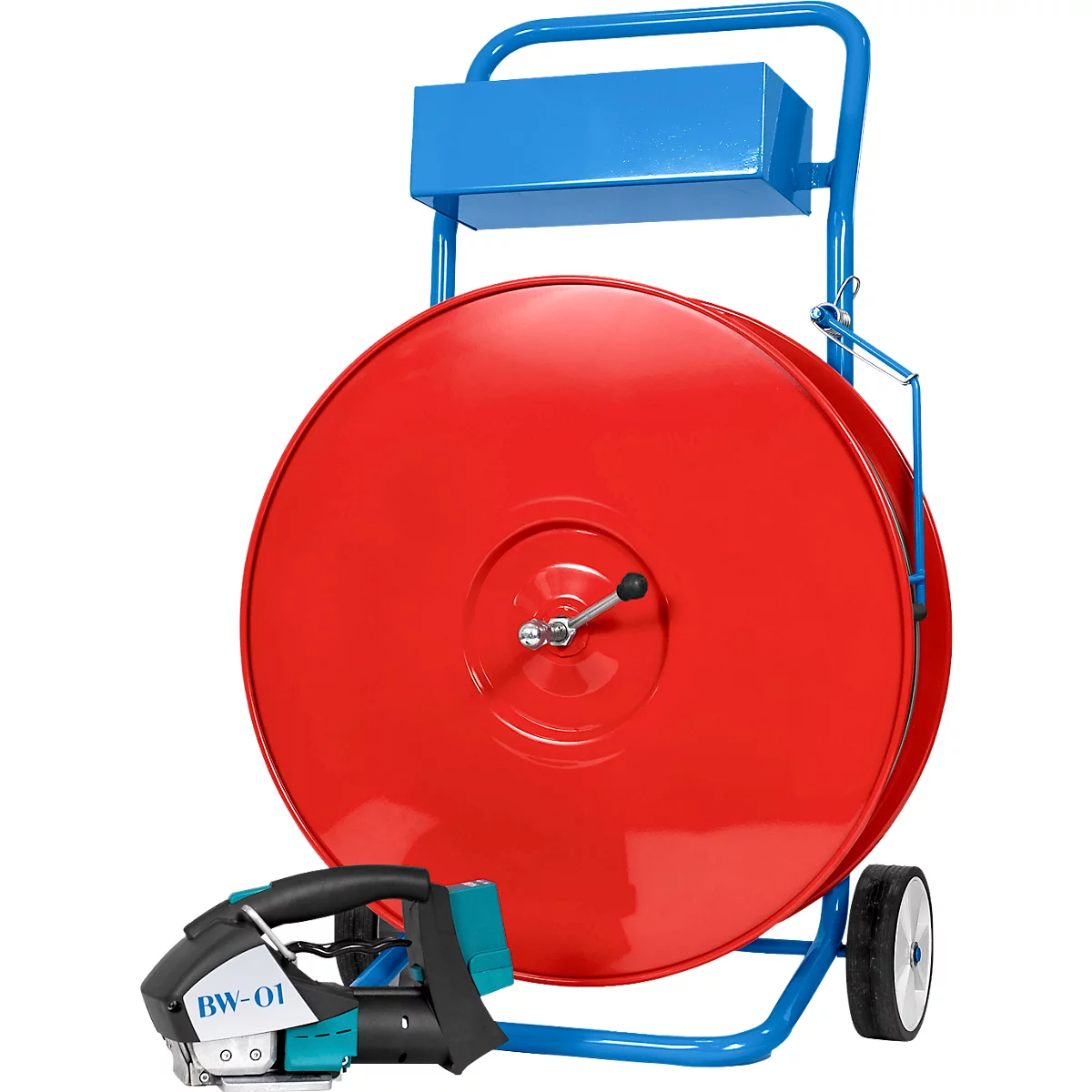 Blauer Abrollwagen mit roter Umreifungsbandrolle und elektrischem Umreifungsgerät Modell BW-01 vor weißem Hintergrund.