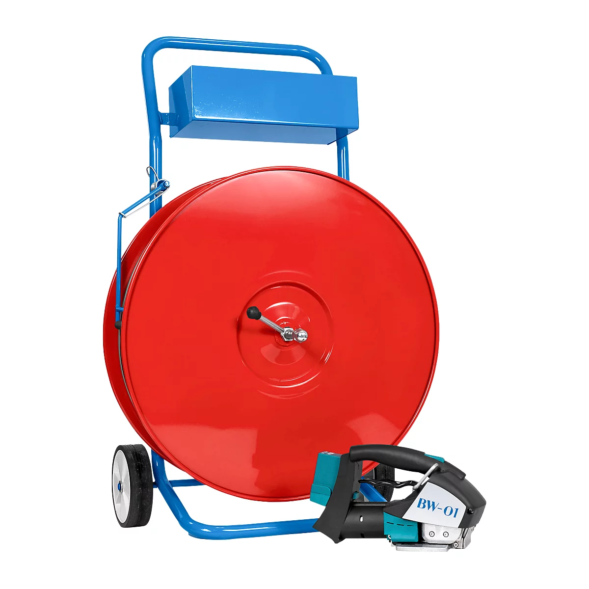 Red strap roller with blue frame and packaging machine. The device says BW-01.