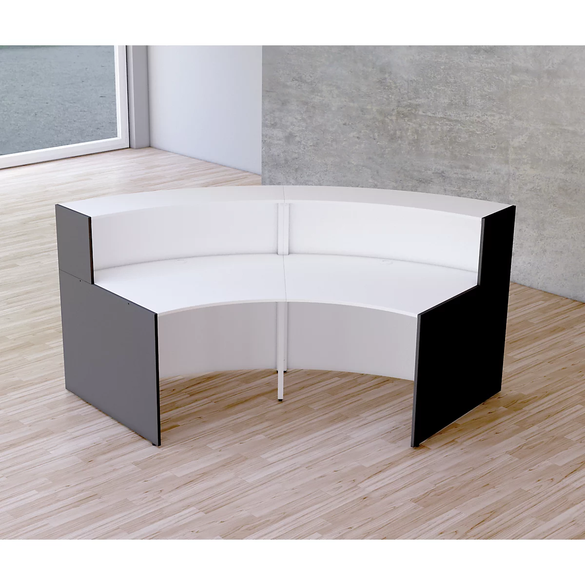 Petit comptoir d'accueil en arc Faro, avec tablette et plateaux latéraux, L 2550 x P 1200 x H 1120 mm, blanc/anthracite