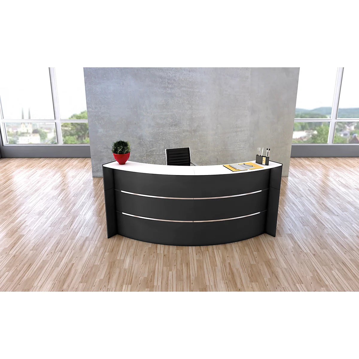 Petit comptoir de réception en arc Faro, avec tablette et plateaux latéraux, L 2550 x P 1200 x H 1120 mm, anthracite/anthracite