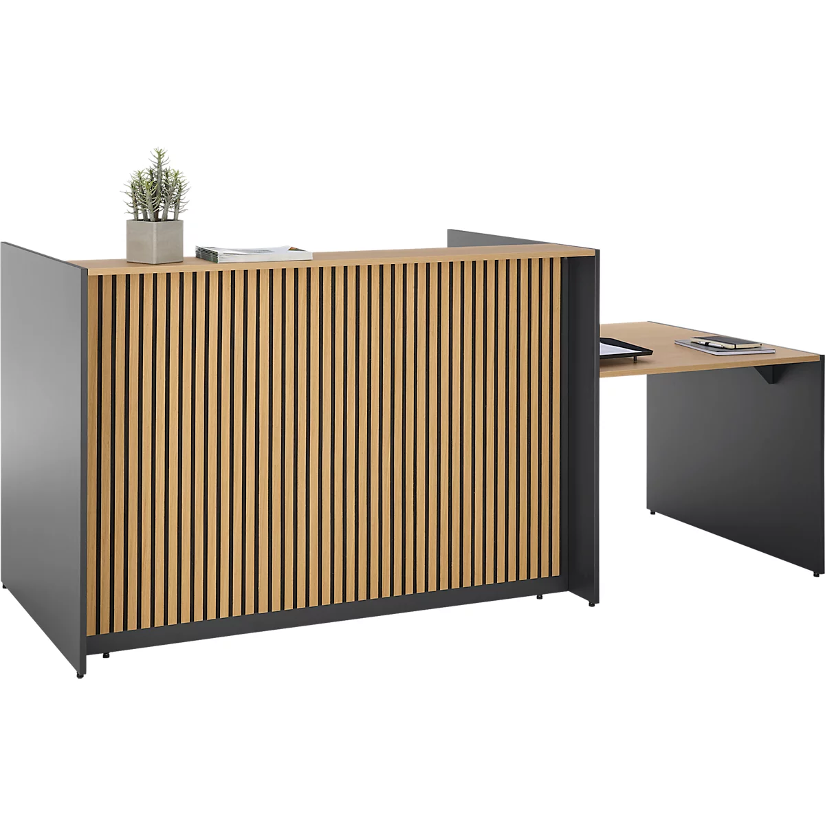 Réception avec lattes en bois et table. Côtés gris, plantes et livres dessus.