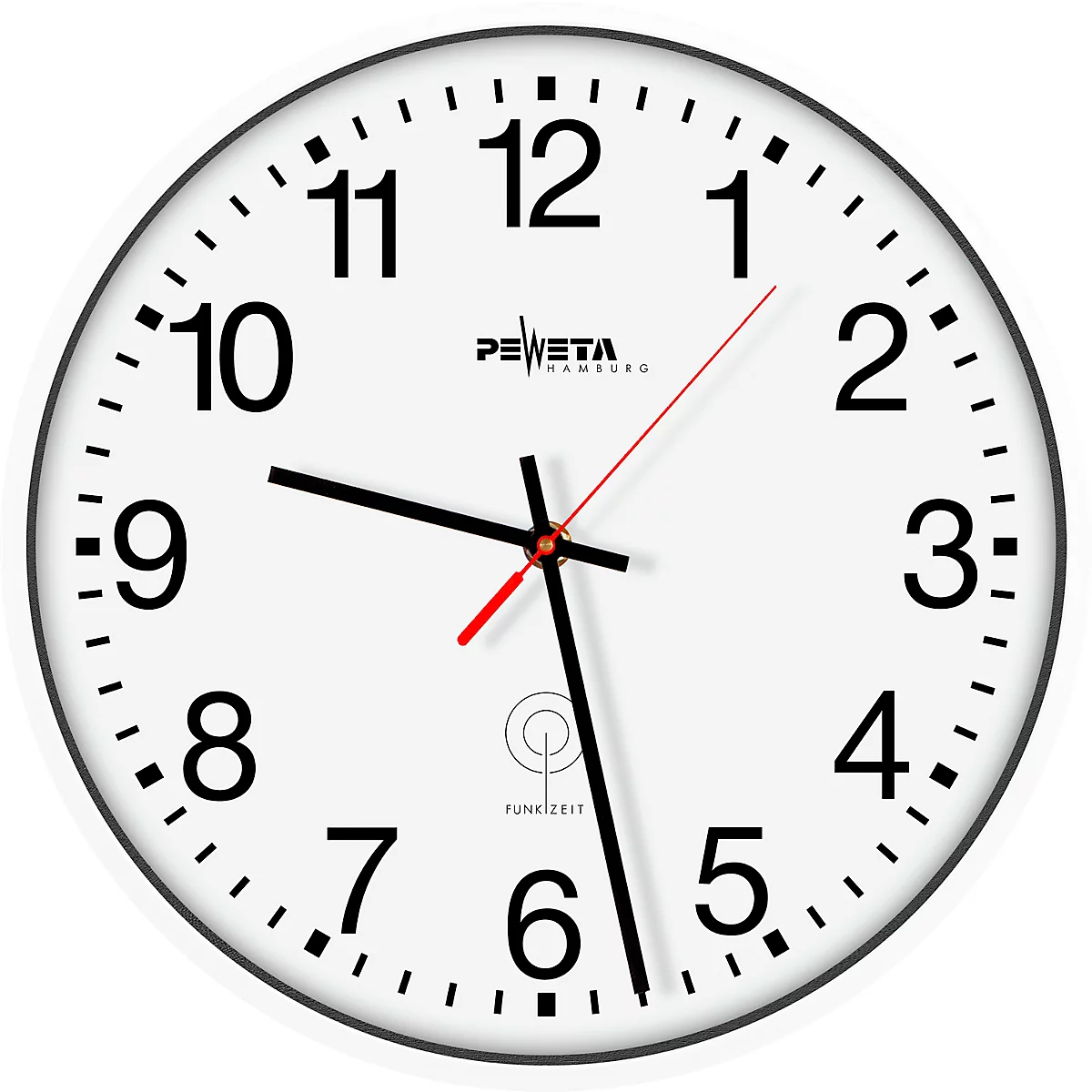 Peweta Funkwanduhr Ø 300 mm, weißes Kunststoffgehäuse, DCF77, Mineralglas, Batteriebetrieb