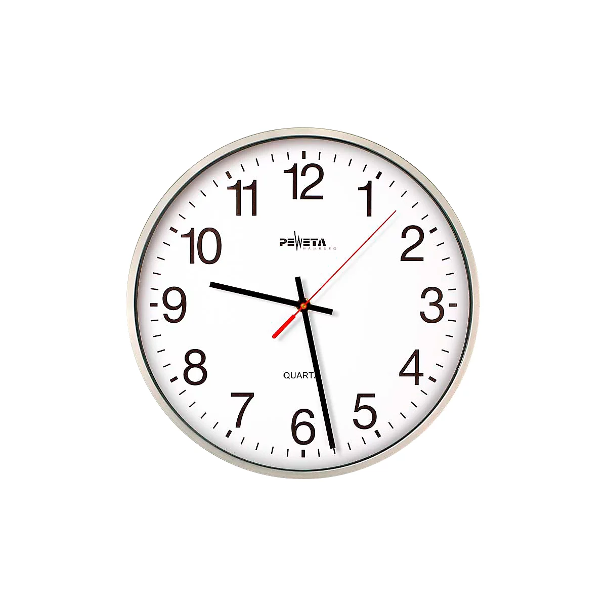 PEWETA kwarts-wandklok met stil uurwerk Ø 250 mm, zilverkleurige kunststof behuizing, 1,5 V batterijvoeding