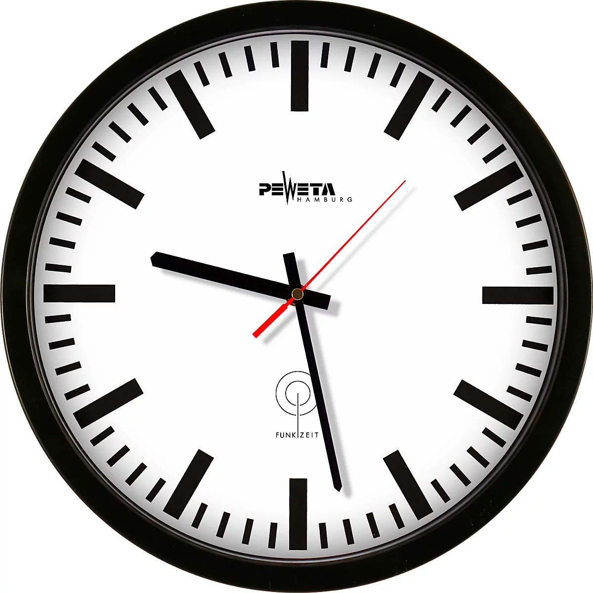 Peweta radiogestuurde wandklok Ø 350 mm, geruisloos, DCF77, zwarte behuizing, mineraalglas, werkt op batterijen