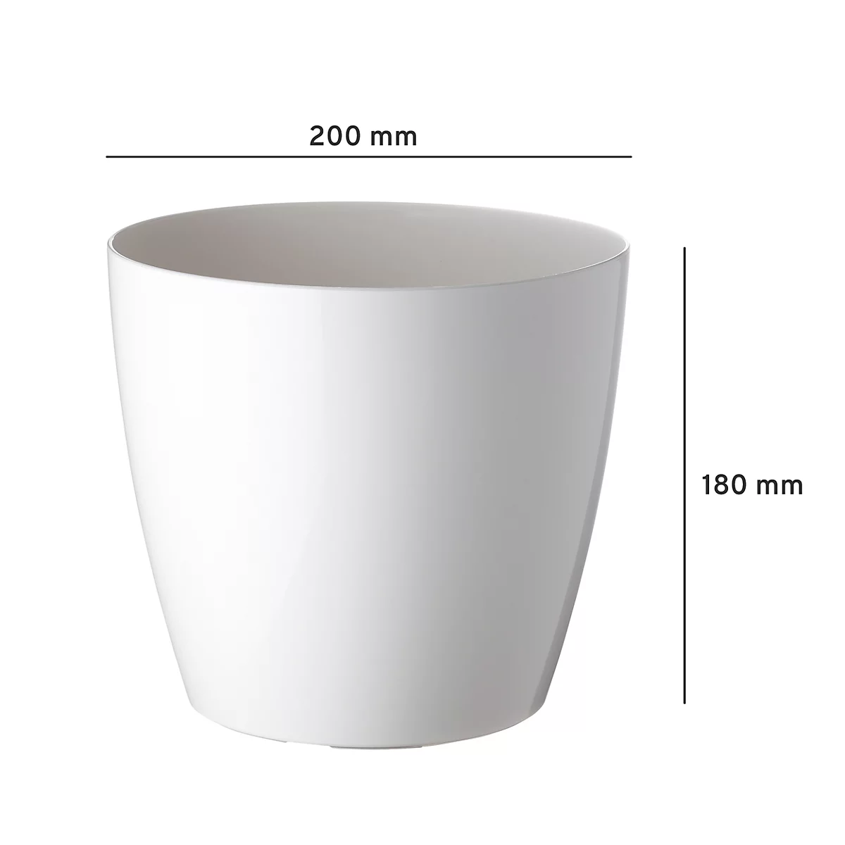 Weißer Blumentopf, mit Maßangaben: 200 mm Durchmesser, 180 mm hoch.
