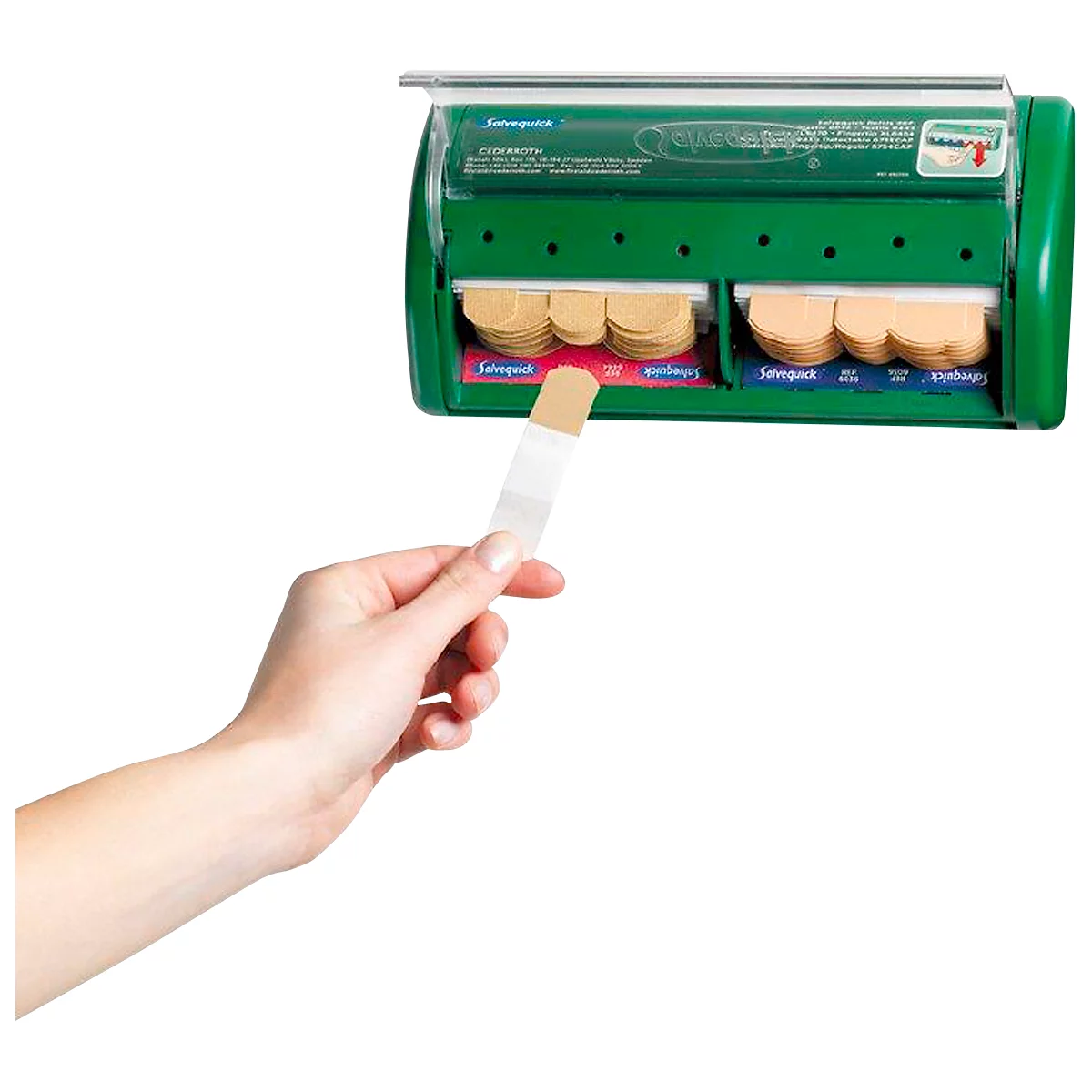 Pflasterspender Salvequick®, nachfüllbar, inkl. 45 wasserabweisenden & 40 elastischen Pflasterstrips, B 230 x T 55 x H 120 mm, Kunststoff, grün