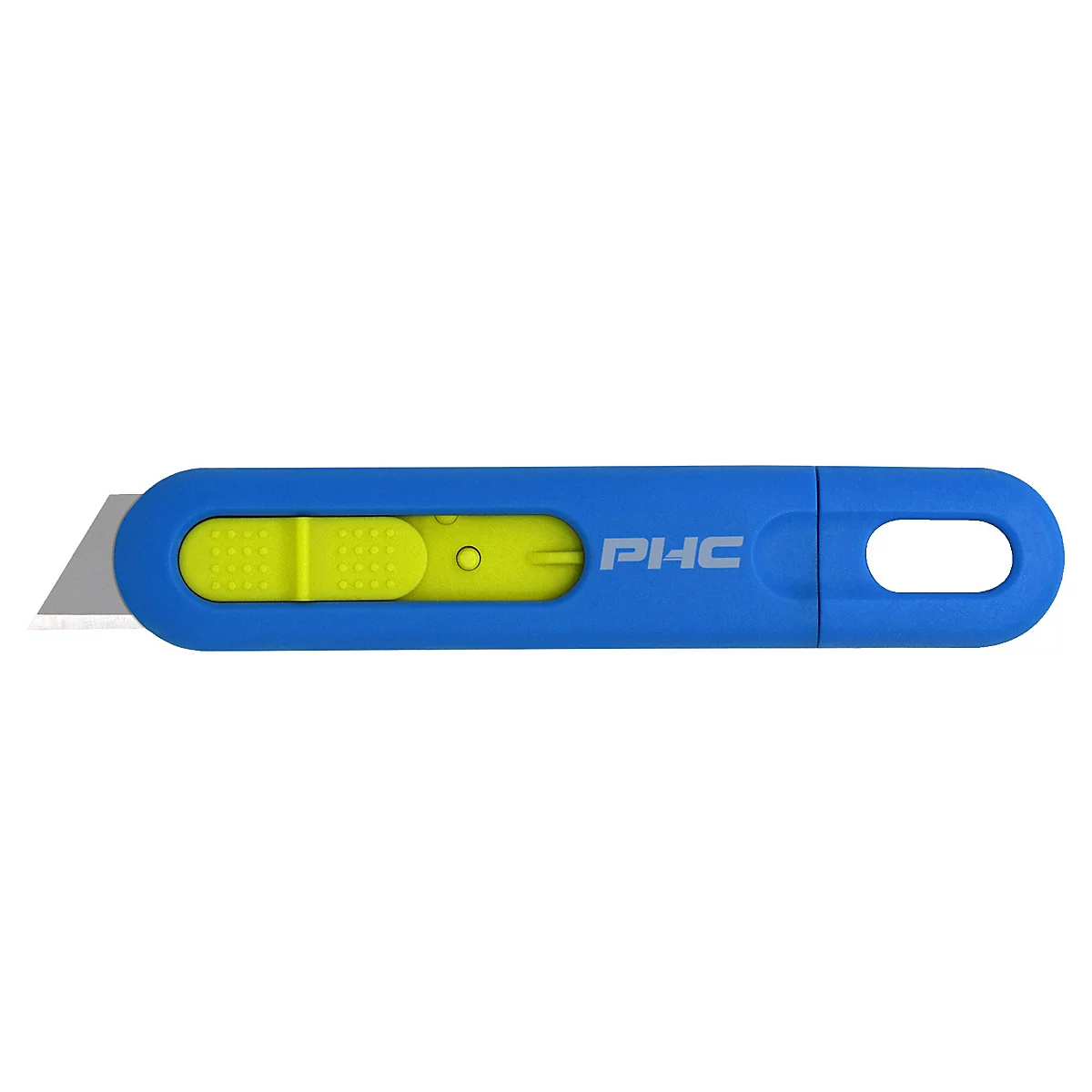 Cutter bleu avec curseur jaune et lame. Inscription : PHC.