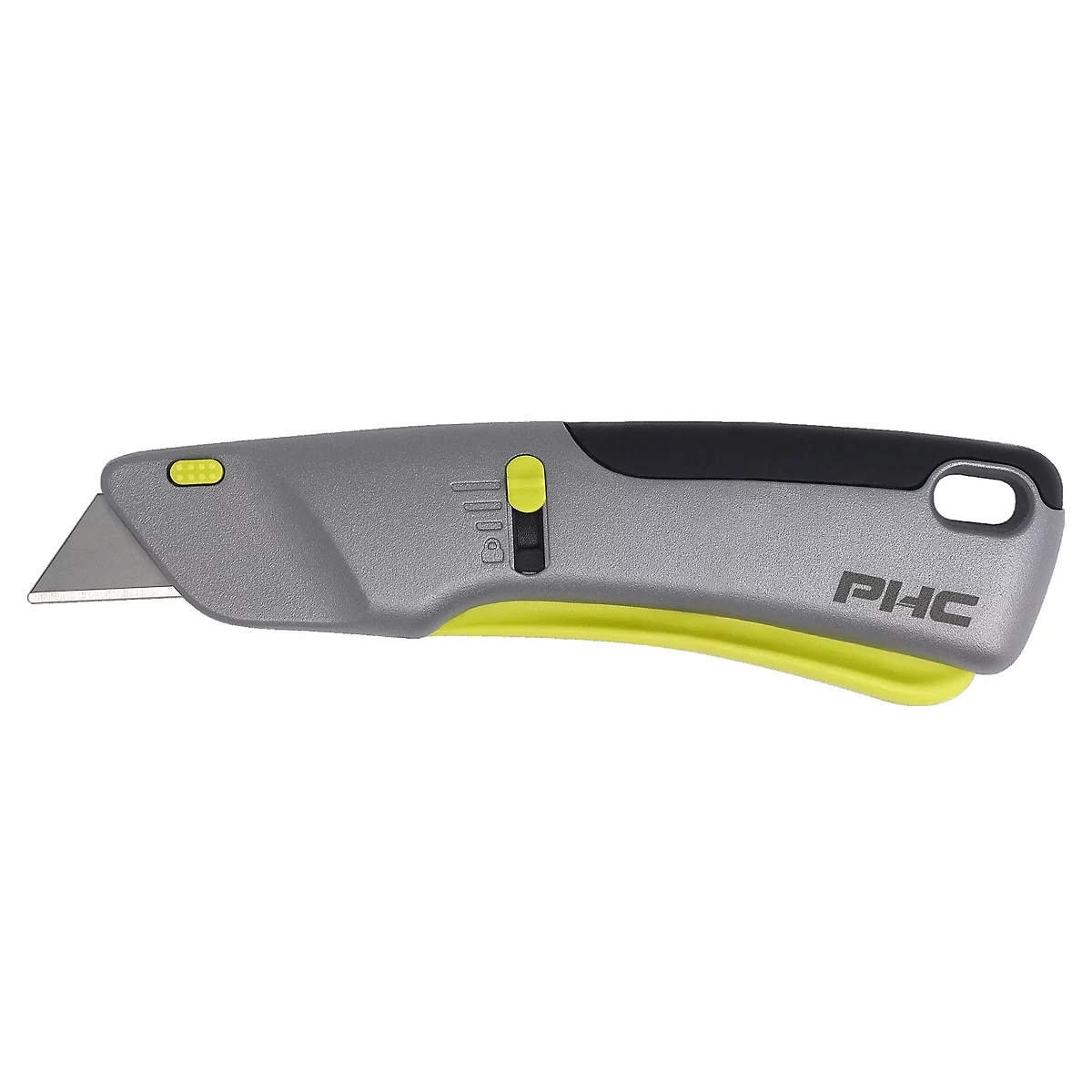 Cutter gris avec des accents jaunes et noirs. Lame déployée, à côté d'un bouton jaune. Lettrage "PHC".