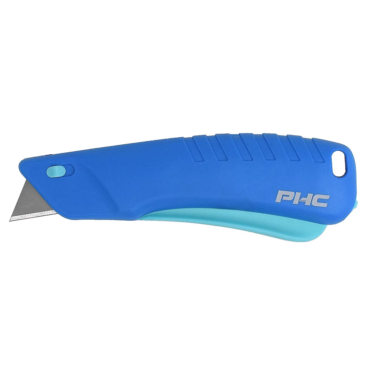 Blaues Teppichmesser mit silbriger Klinge. Der Griff ist blau und hat den Schriftzug PHC.