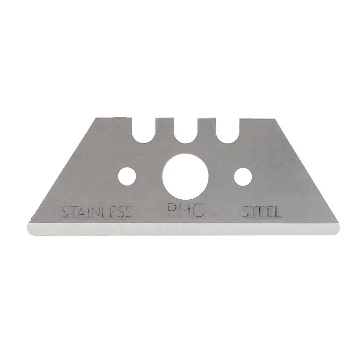 Metalen mesje met gaten en de tekst "STAINLESS PHC STEEL."