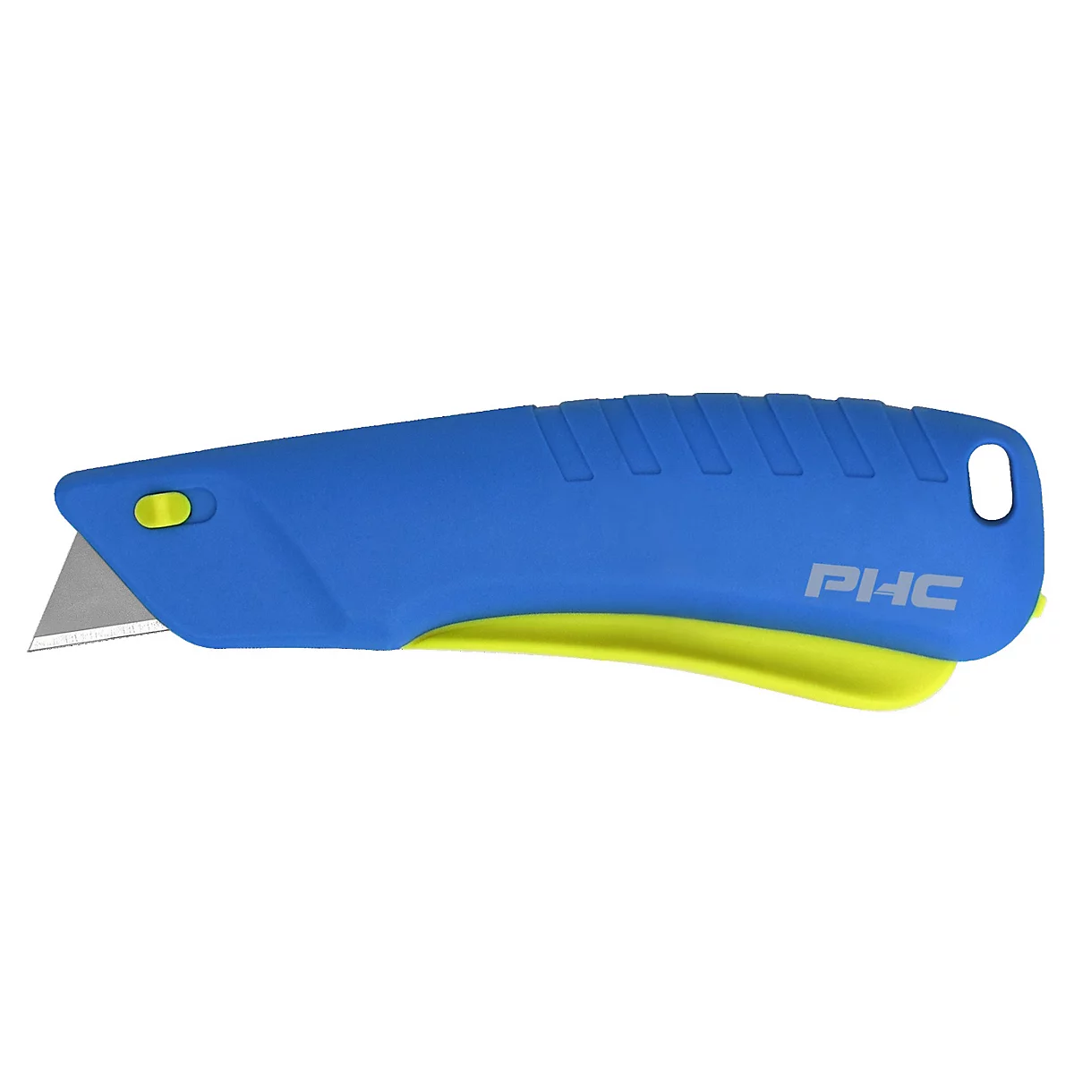 Blauw en geel breekmes met "PHC" belettering. Mes uitgeschoven, gele knop.