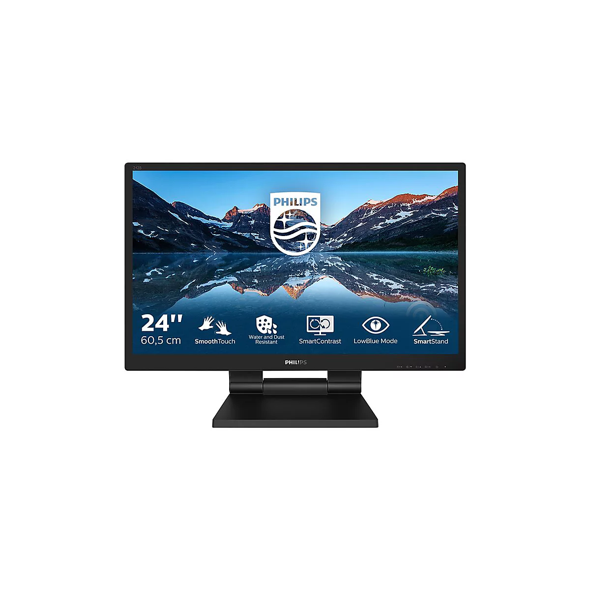Schwarzer Philips Monitor mit 24 Zoll Bildschirm, Berge im Hintergrund. Logos und Symbole fÃ¼r Funktionen.