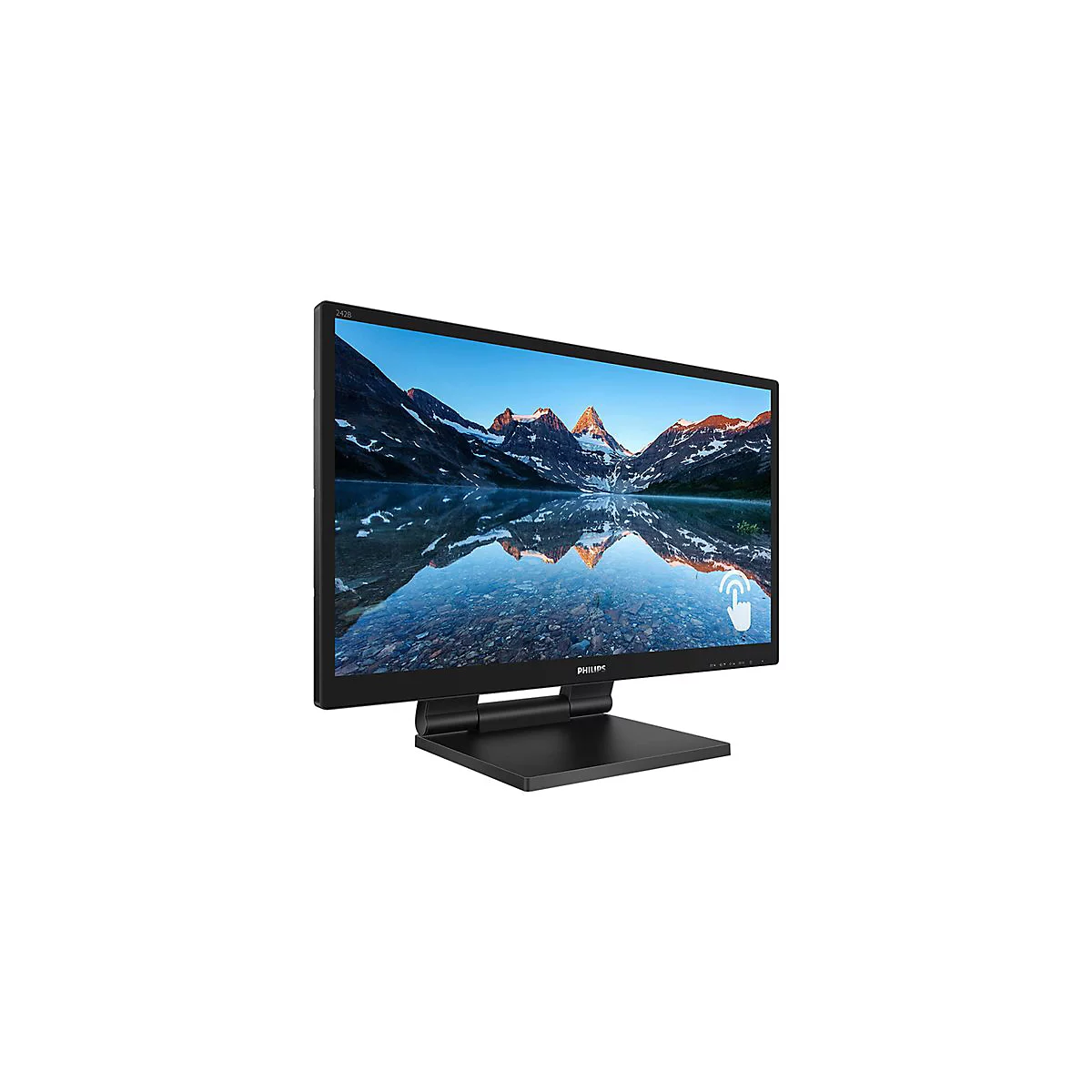Schwarzer Monitor mit Touchscreen; auf dem Bildschirm Berglandschaft, Philips Logo.