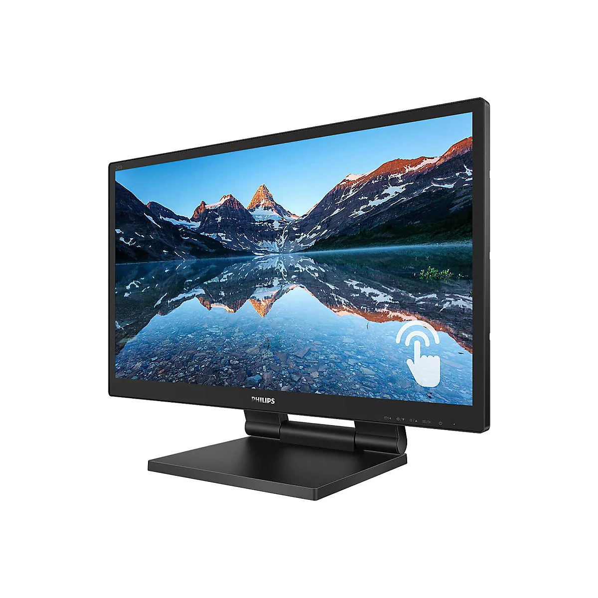 Schwarzer Monitor mit Touch-Symbol, zeigt Bergsee. Philips-Logo unten. Auf schwarzem Sockel.