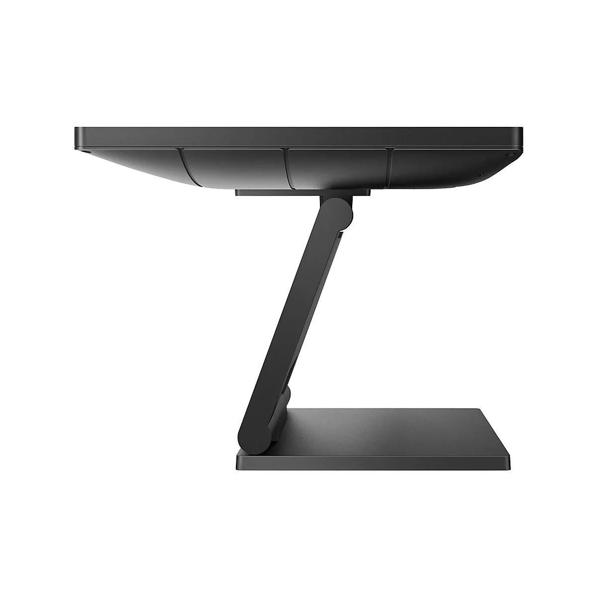 Schwarzer Monitor mit StandfuÃŸ, Seitenansicht. Der StÃ¤nder hat eine Z-Form.